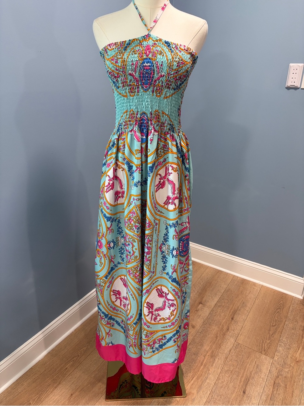 Gypsie Blu Boho Smocked Halter Maxi Dress Aqua Paisley Resort